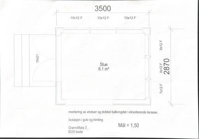 Etasjeplan (stue) med mål, romoppdeling og detaljer om vinduer/terrasse