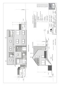 Fasadetegning av en bygning sett fra nord-vest med mål og detaljer