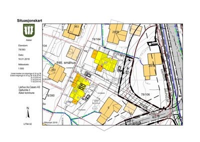 Situasjonskart som viser eiendomsinndeling, bygningstilhørighet og naboeiendommer i Asker kommune.