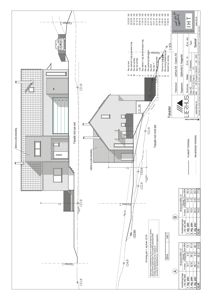 Fasadetegning som viser bygningens utseende fra siden, inkludert materialer og mål.