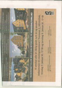 Fotografier av en bygning (Heggedal Torg trinn 2) med tekst om salgsoppsett og kontaktinfo.