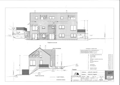 Fasadetegning som viser bygningens utseende fra nordvest og sørvest, inkludert mål og detaljer.