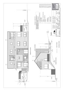 Fasadetegning av en bygning sett fra nord-vest med mål og detaljer
