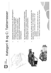 Fotografi av en side fra et kommunalt dokument (Aser kommune) som beskriver regler for takterrasser, med illustrative tegninger av hus.