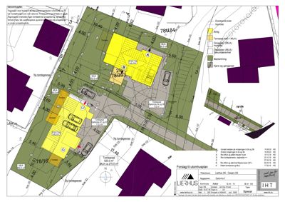 Situasjonsplan som viser tomtens form, grenser, eksisterende bebyggelse, og planlagt ny bebyggelse med arealopplysninger.