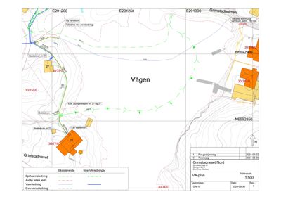 Kart over et område med topografi, eiendommer og vannledningsnett.