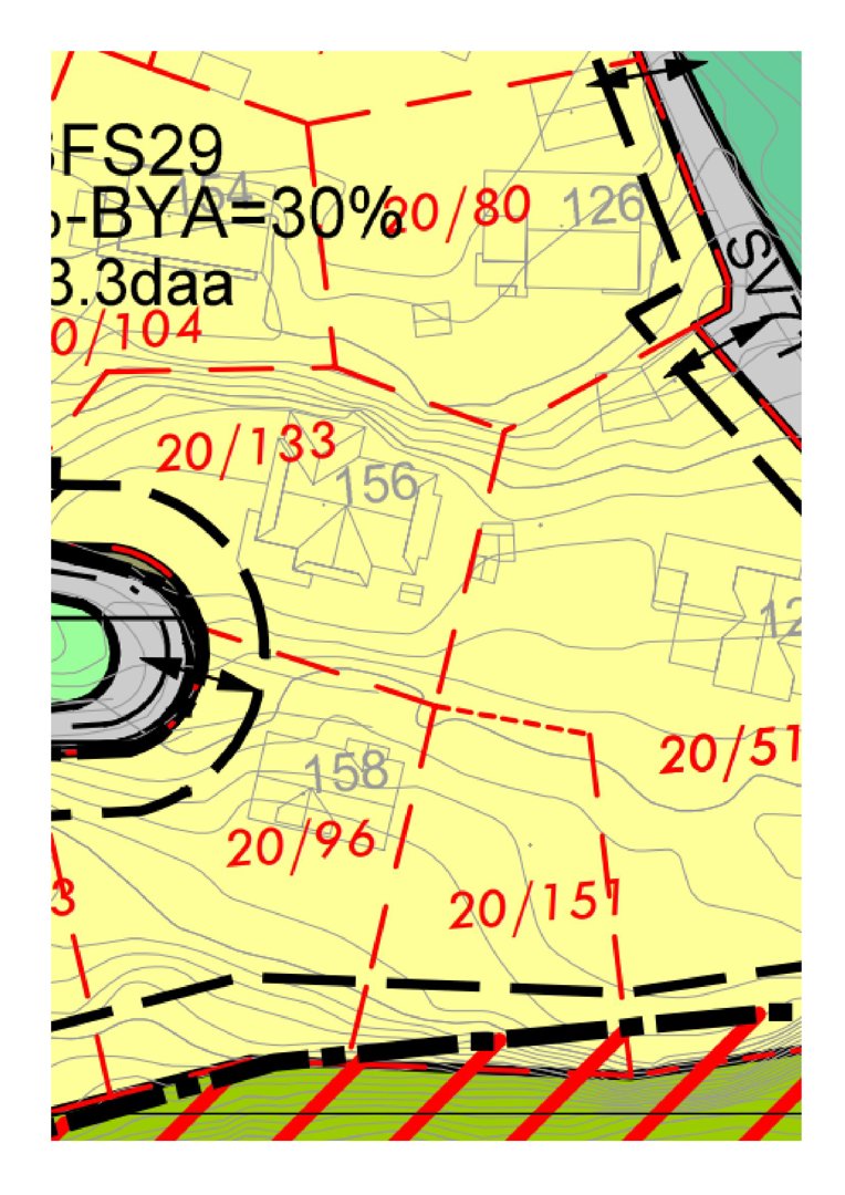 Situasjonsplan som viser tomtegrenser (røde streker), høydemålerlinjer (konturlinjer), eksisterende bygninger, og reguleringstegninger (svarte linjer).