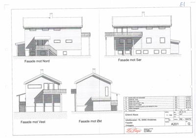 Fasadetegning som viser bygningens utseende fra alle fire sider (Nord, Sør, Vest, Øst).