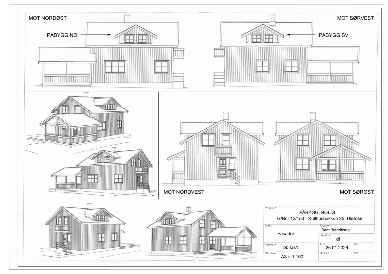 Fasadetegninger som viser bygningens utsyn mot nordøst, sørvest, nordvest og sørøst, samt 3D-visualiseringer av fasadene.