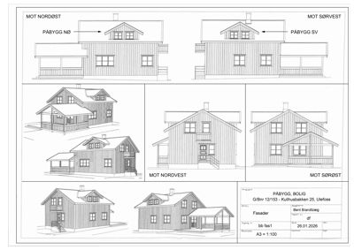 Fasadetegninger som viser bygningens utsyn mot nordøst, sørvest, nordvest og sørøst, samt 3D-visualiseringer av fasadene.