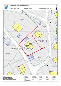Situasjonsplan som viser tomtens plassering i forhold til nabolag, vei og eksisterende bygninger.