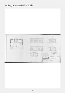 Bildet viser en tegning med etasjeplan (til venstre) og fasadeopprikk (til høyre) for en enebolig.