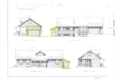 Bildet viser en tegning med flere fasadeoppvisninger av en bolig, inkludert front, side og bakfasade.