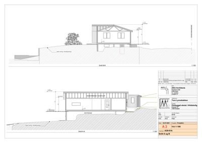 Snittegning (Snitt A-A og B-B) som viser bygningens tverrsnitt, høyder, grunnforhold og konstruksjon.