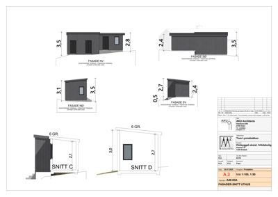 Fasadetegning med oppriss av bygning sett fra fire sider (NV, SO, NO, SV) samt to snittegninger (SNITT C og SNITT D).