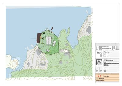 Situasjonsplan som viser tomtens beliggenhet i forhold til omgivelser, høydekurver, eksisterende bygninger og planlagt inngrep.
