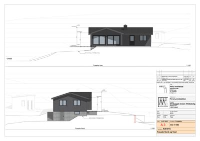 Fasadetegning som viser bygningens utseende fra nord og vest med høydeangivelser og terrengforhold.