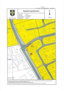 Reguleringsplankart som viser eiendomsinndeling, vegnett og arealbruk i et område.