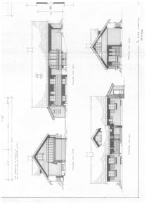 Fasadetegning som viser utsiden av en bygning sett fra flere vinkler.