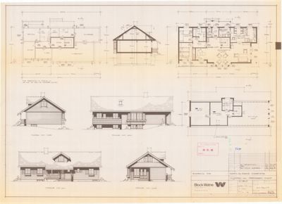 Bildet viser en tegning med flere fasadevisninger av en bygning, inkludert front, side og bakside.