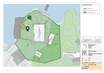 Situasjonsplan som viser tomtens form, høydeforskjeller, plassering av bygninger og eksisterende bebyggelse.