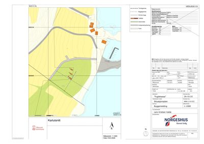 Situasjonsplan som viser tomtens beliggenhet, omgivende arealer, vegnett og bygningers plassering.
