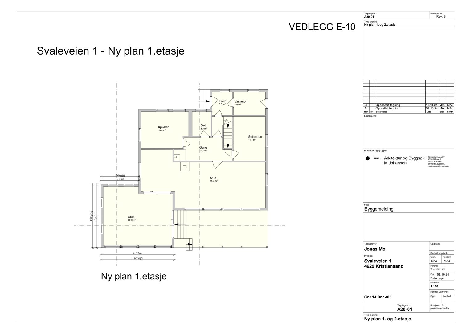 Plantegning av 1. etasje for Svaleveien 1, som viser romfordeling, dimensjoner og areal.
