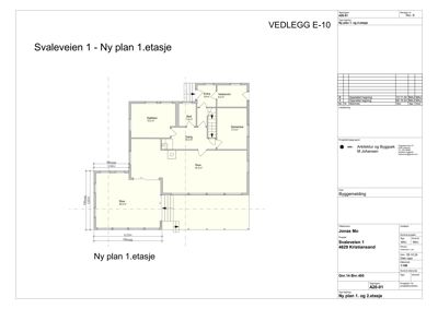 Plantegning av 1. etasje for Svaleveien 1, som viser romfordeling, dimensjoner og areal.
