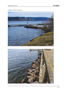 Fotografier fra befaring som viser en kai, vann og kystlinje.