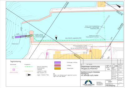 Situasjonsplan som viser plassering av VA-ledninger, EL-kabler og flytebrygge i forhold til eksisterende infrastruktur.