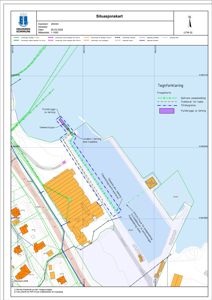 Situasjonskart som viser eiendomsforhold, bygninger, vegnett og prosjekterte anlegg (pumperør, kabel) i Drammen kommune.
