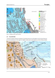 Dokumentet viser to kart: øverst et utklipp fra NGIs løsmassekart som viser grunnvannssoner, og nederst et utsnitt av borplan med borepunkter og grunnvannsnivåer.