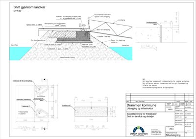 Snittegning (snitt B-B) som viser tverrsnitt gjennom en landkar-konstruksjon, inkludert fundament og fylling.