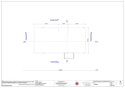 Situasjonsplan (Takplan) som viser bygningens plassering, fasader og dimensjoner.