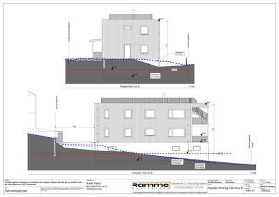 Snittegning som viser bygningens tverrsnitt, høyder, terrengforhold og fasadeoppsett.