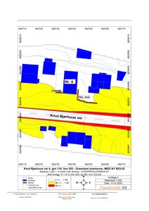 Situasjonsplan som viser tomtens beliggenhet i forhold til nabolag, vei (Knut Bjørhuus vei), terrengkonturer og eksisterende bygninger.