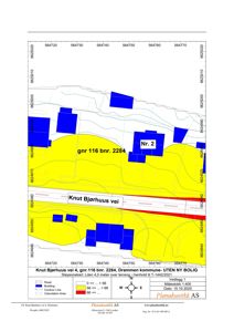 Situasjonsplan som viser tomtens beliggenhet (gnr. 116 bnr. 2284), nabotomter, vei (Knut Bjørhuus vei), høydeforhold (konturlinjer) og beregningsareal.