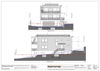 Snittegning som viser bygningens tverrsnitt, høyder, terrengforhold og fasadebeskrivelse for Sør og Øst hus B.
