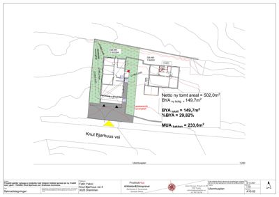 Situasjonsplan som viser tomtens form, grenser (veier og nabotomter), plassering av bygninger i forhold til tomtegrensene, samt beregninger for arealbruk (BYA, MUA) og prosjektets status.