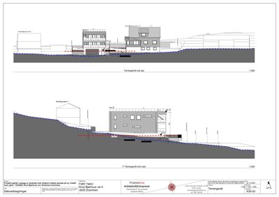 Tegning som viser tverrsnitt gjennom bygningen og terrenget (terrengsnitt).