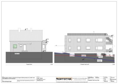 Tegning som viser fasader (Nord og Vest) for et nytt hus, inkludert mål, høyder og grunnplan.