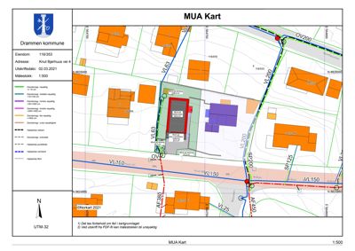 Situasjonsplan (MUA Kart) som viser eiendommen, naboeiendommer, veier og infrastruktur.