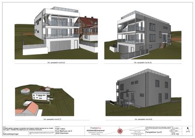 Bildet viser fire 3D-perspektivtegninger (renderinger) av et planlagt hus fra ulike vinkler, inkludert situasjonsplan.