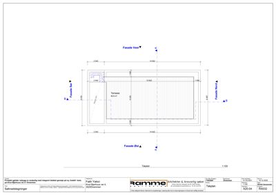 Tegning som viser takplanen med oppriss av fasader (Nord, Sør, Øst, Vest) og mål på terrassen.