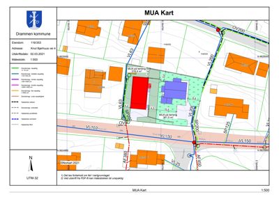 Situasjonsplan (MUA Kart) som viser eiendomsgrenser, vegforhold, høydekurver og arealdata for eiendommen Krut Bjørnhus vei 4 i Drammen.