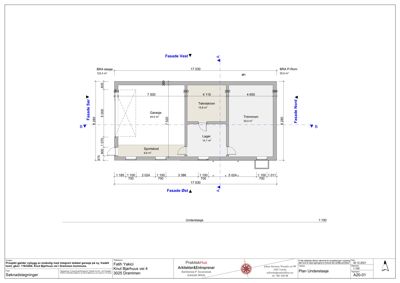 Etasjeplan for underetasjen som viser romfordeling, mål og fasader.
