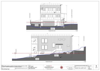 Fasadetegning som viser bygningens utseende fra sør og øst, inkludert høydeoppriss, vindusoppsett og terrengforhold.