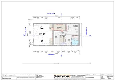 Plantegning av underetasjen med romfordeling, dimensjoner og fasader.
