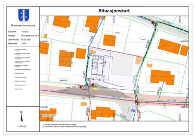 Situasjonskart som viser eiendomsnummer, adresse, nabolag og bygningers plassering i forhold til veier.