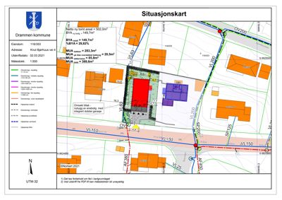 Situasjonskart som viser eiendomsforhold, bygninger, vegnett og arealdata for en tomt i Drammen kommune.